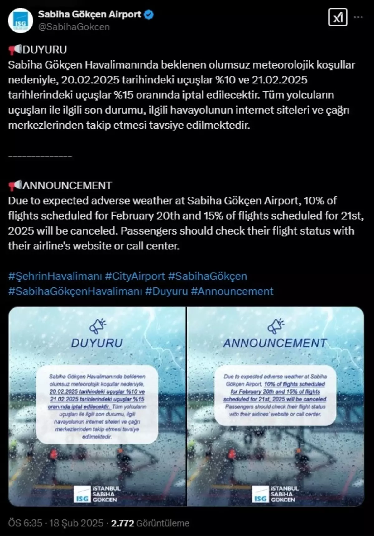 İstanbul’da Olumsuz Hava Koşulları Nedeniyla Uçuş İptalleri